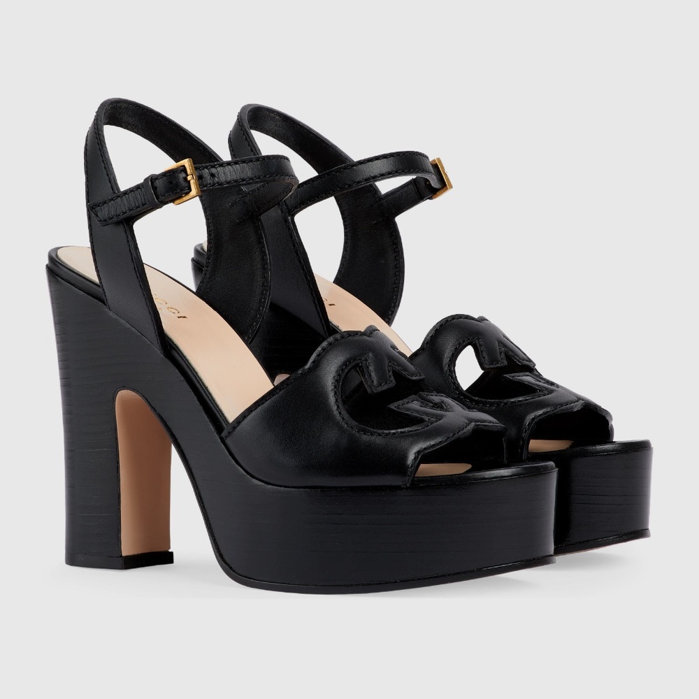 GUCCI Women's Interlocking Cutout G Black Leather Platforms Sz 9 (US) NIB 730002